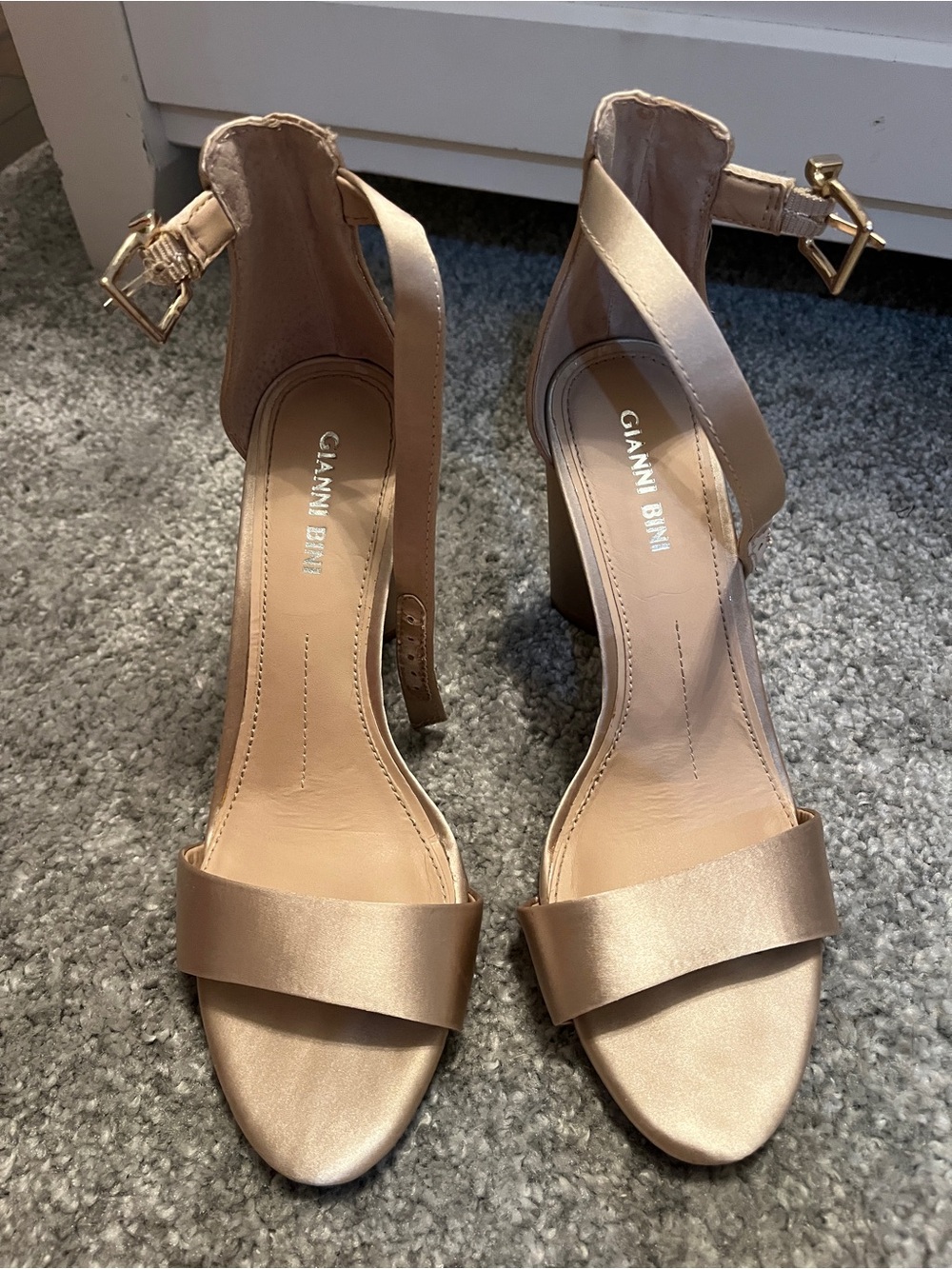 Gianni Bini Champagne Satin Ankle Strap Block Heels